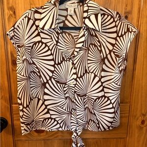 Rachel Zoe Brown & Cream Graphic Tie-Front Button Down Top SM